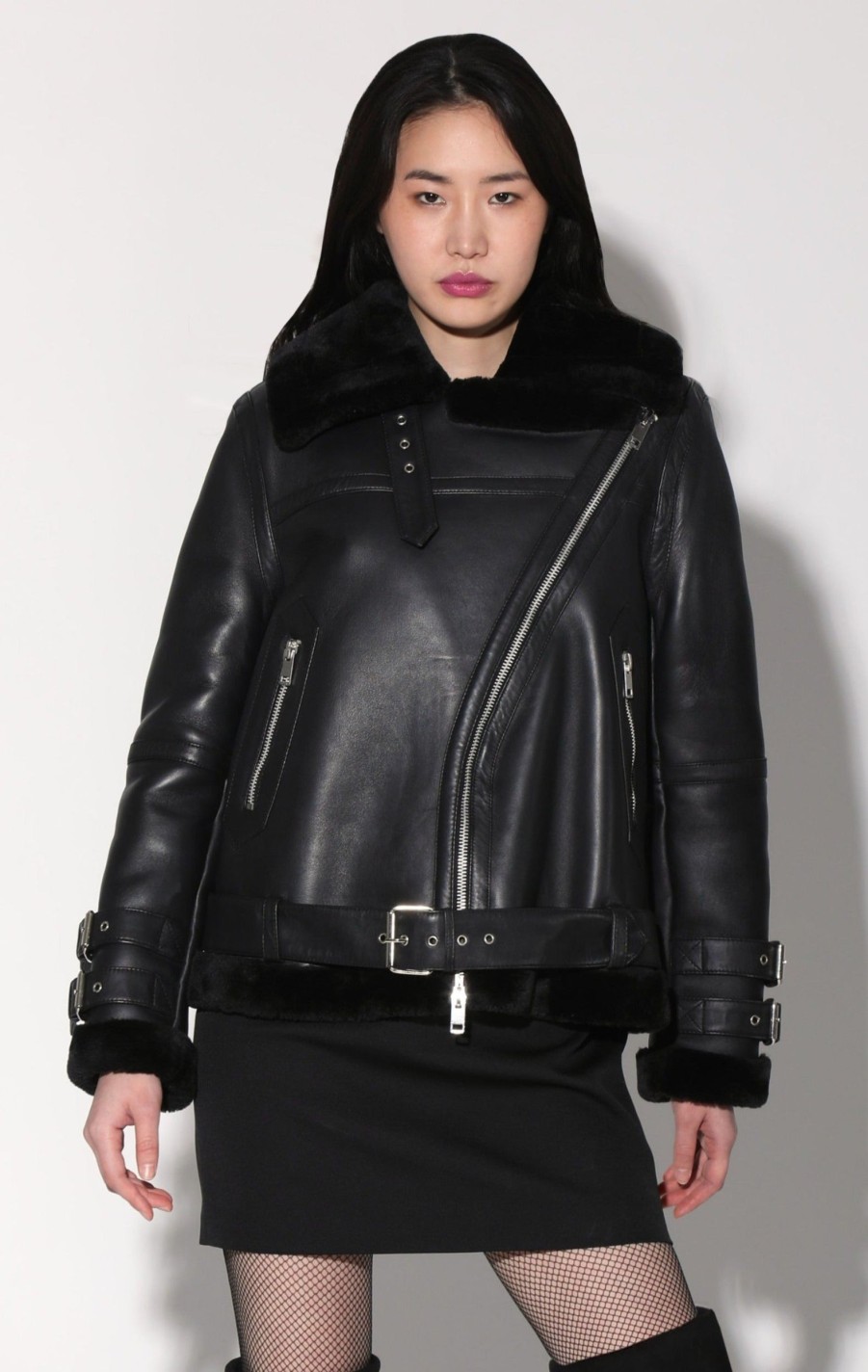 Walter Baker Whitney Jacket, Black Leather/ Black Fur-Leather | Leather