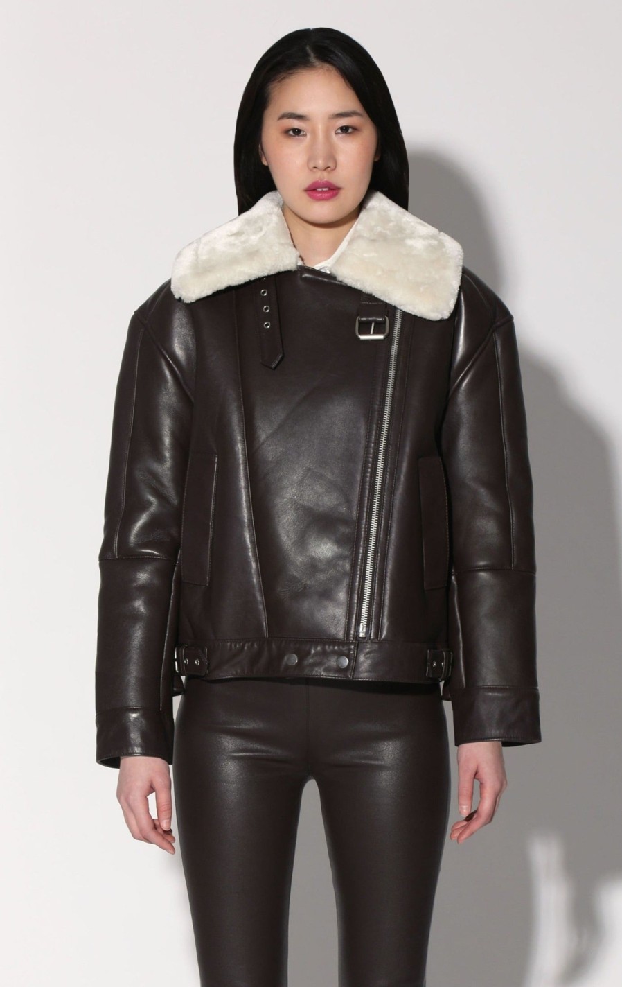 Walter Baker Mariah Jacket, Mocha Leather Off White Fur-Leather Shearling | Leather