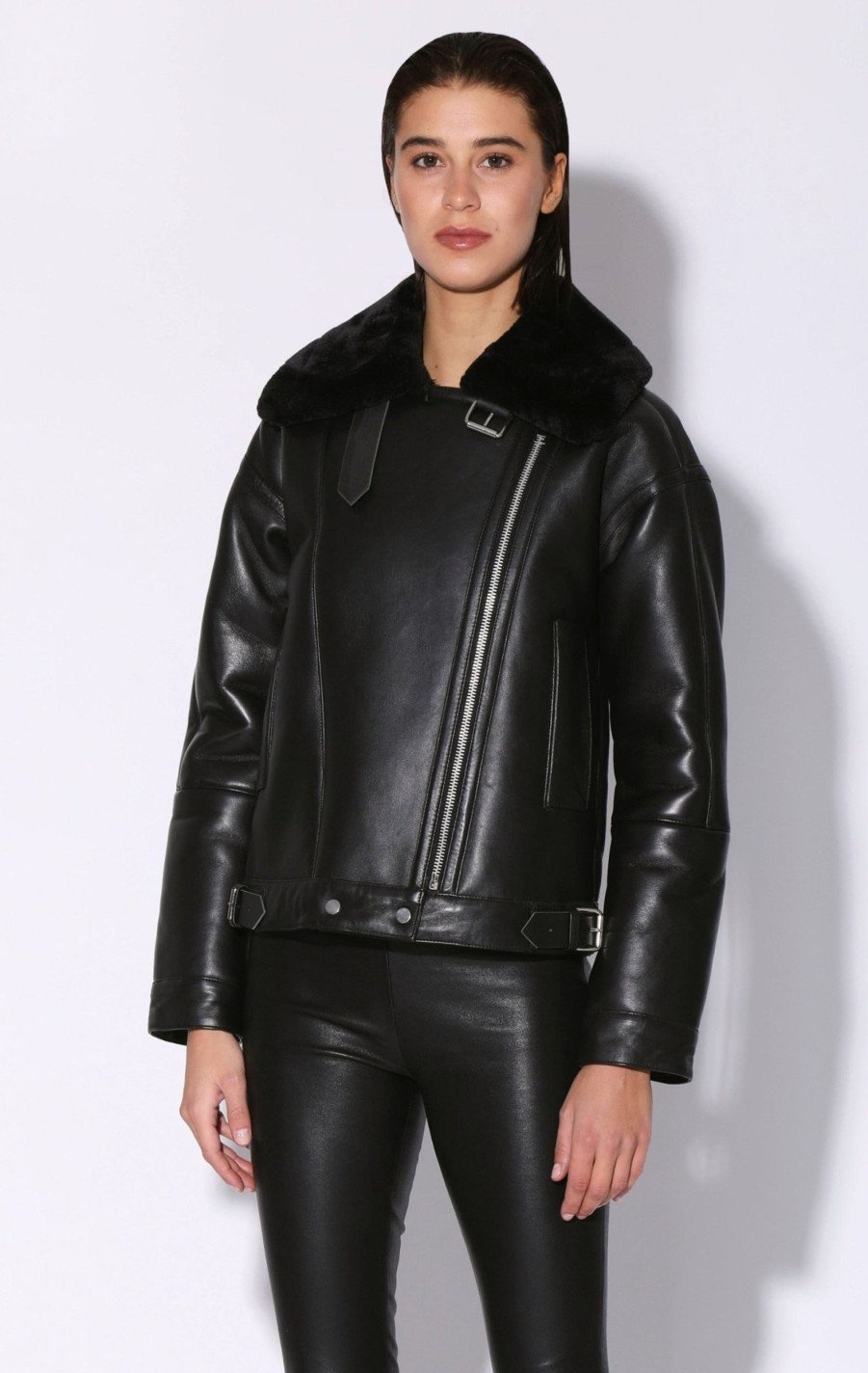 Walter Baker Mariah Jacket, Black Leather Black Fur-Leather Shearling | Leather