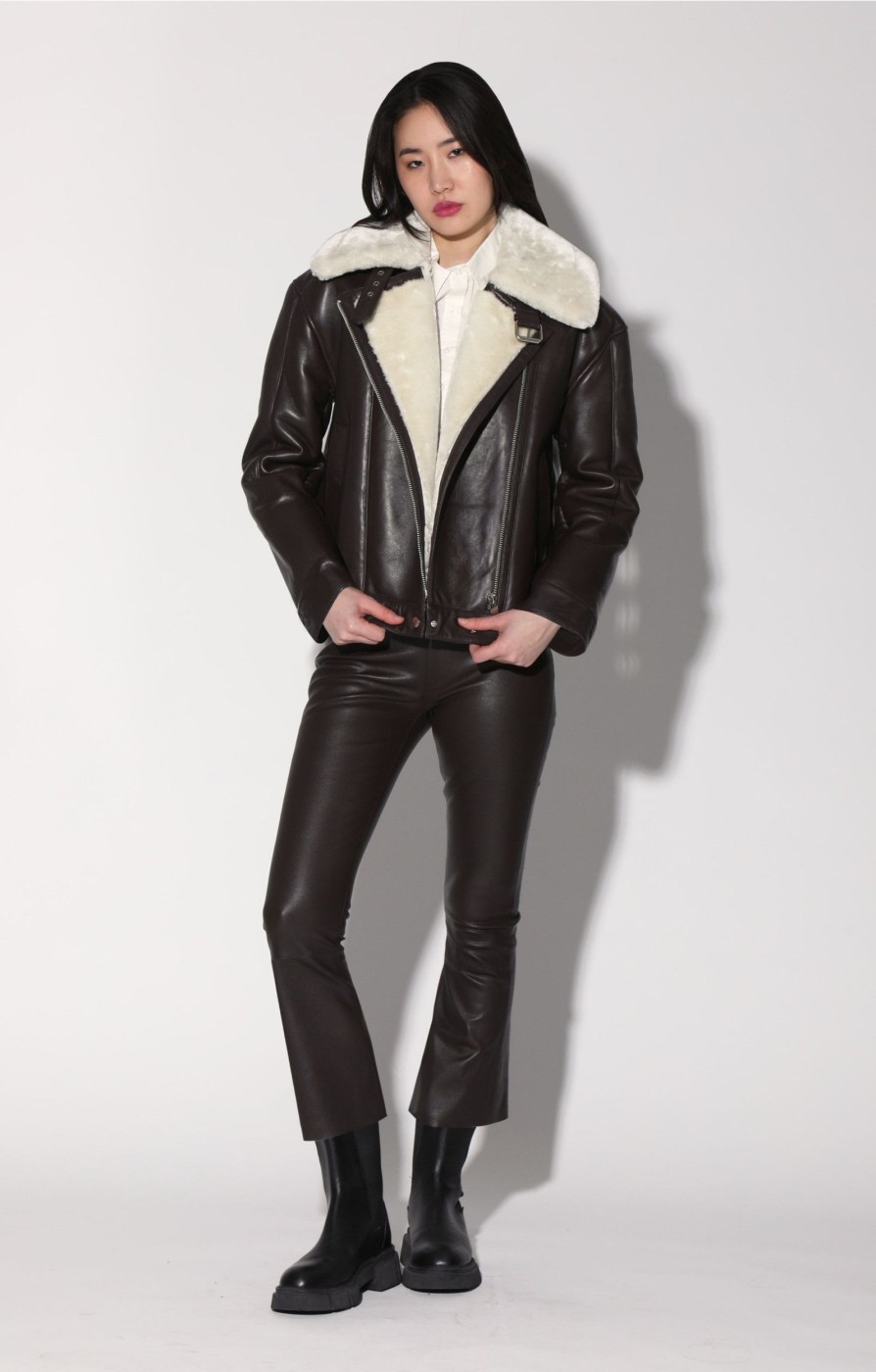 Walter Baker Mariah Jacket, Mocha Leather Off White Fur-Leather Shearling | Jackets